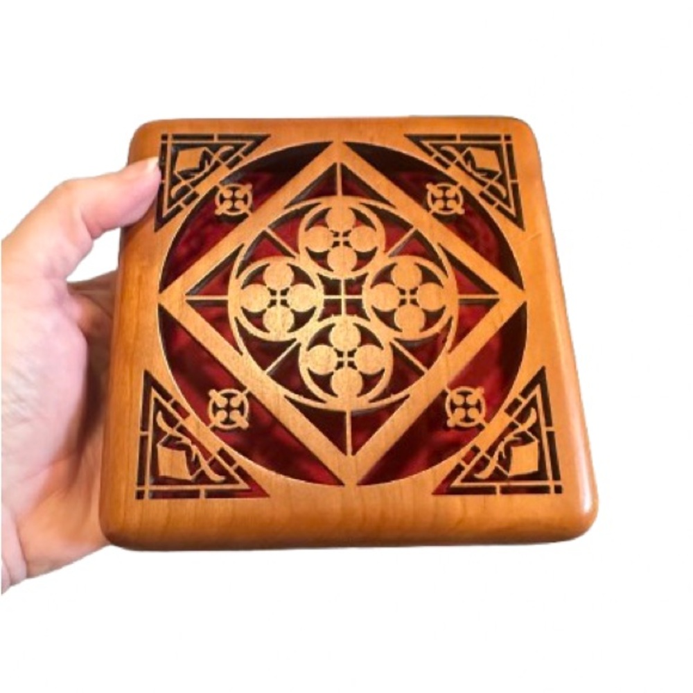 Vintage Celtic Solid Maple Wooden Trinket Jewelry Box Ruby Velvet Fretwork Lid